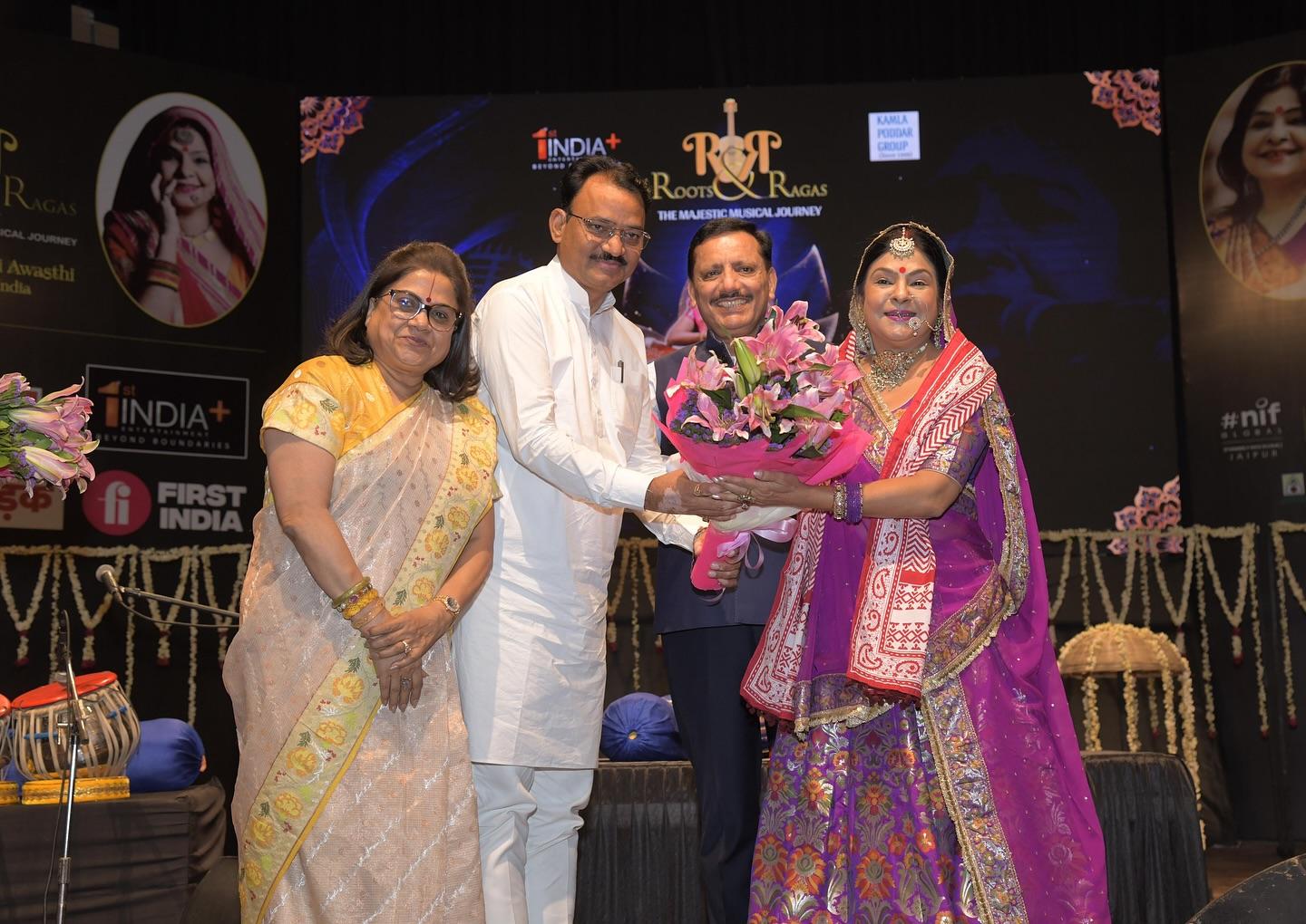 The first “Roots to Ragas” program, featuring renowned folk queen Padmasree Malini Awasthi, was held at RIC, Jaipur, Curated by First India & Kamla Poddar Group.